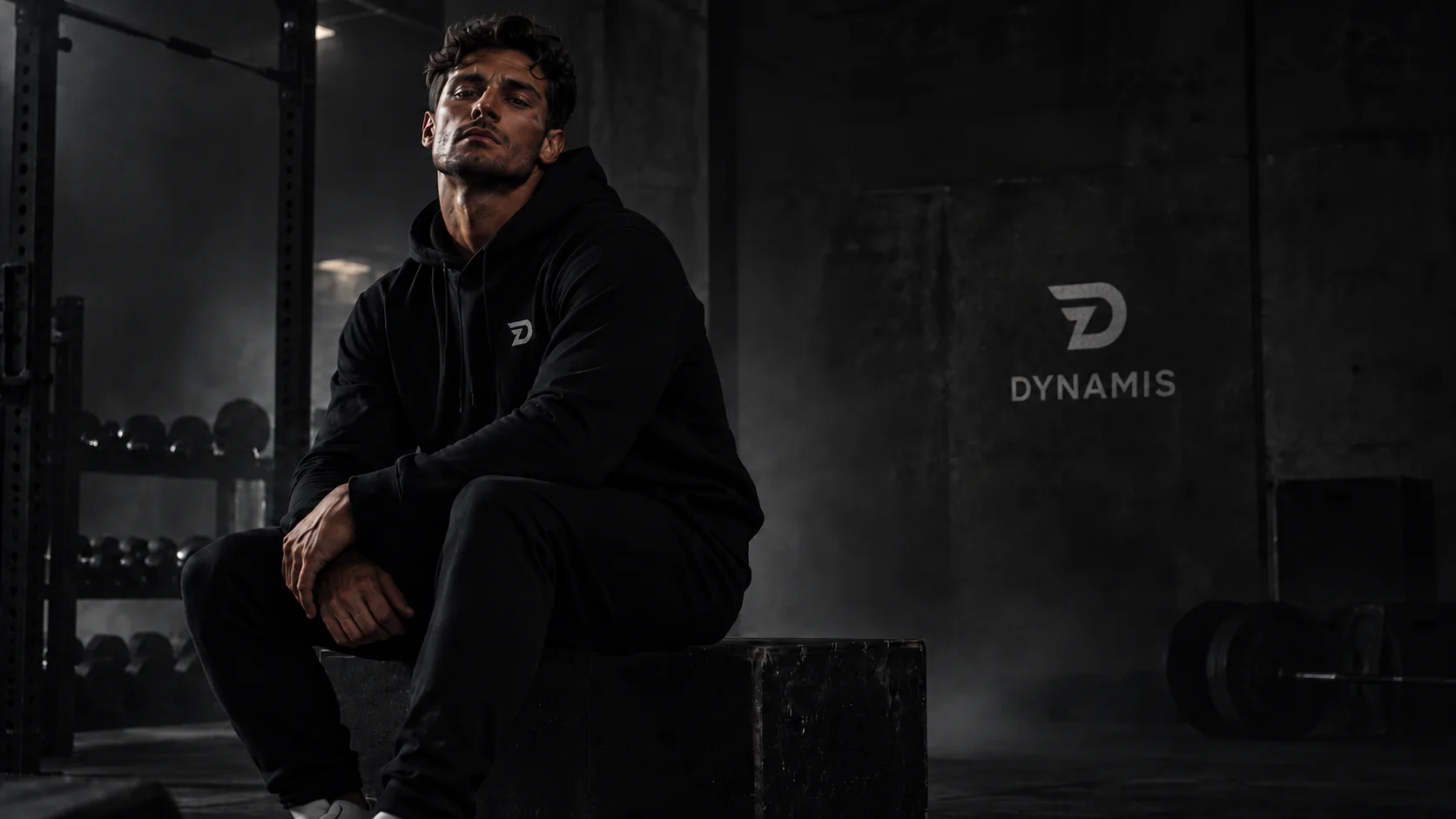 Athlete wearing a black Dynamis hoodie in the gym