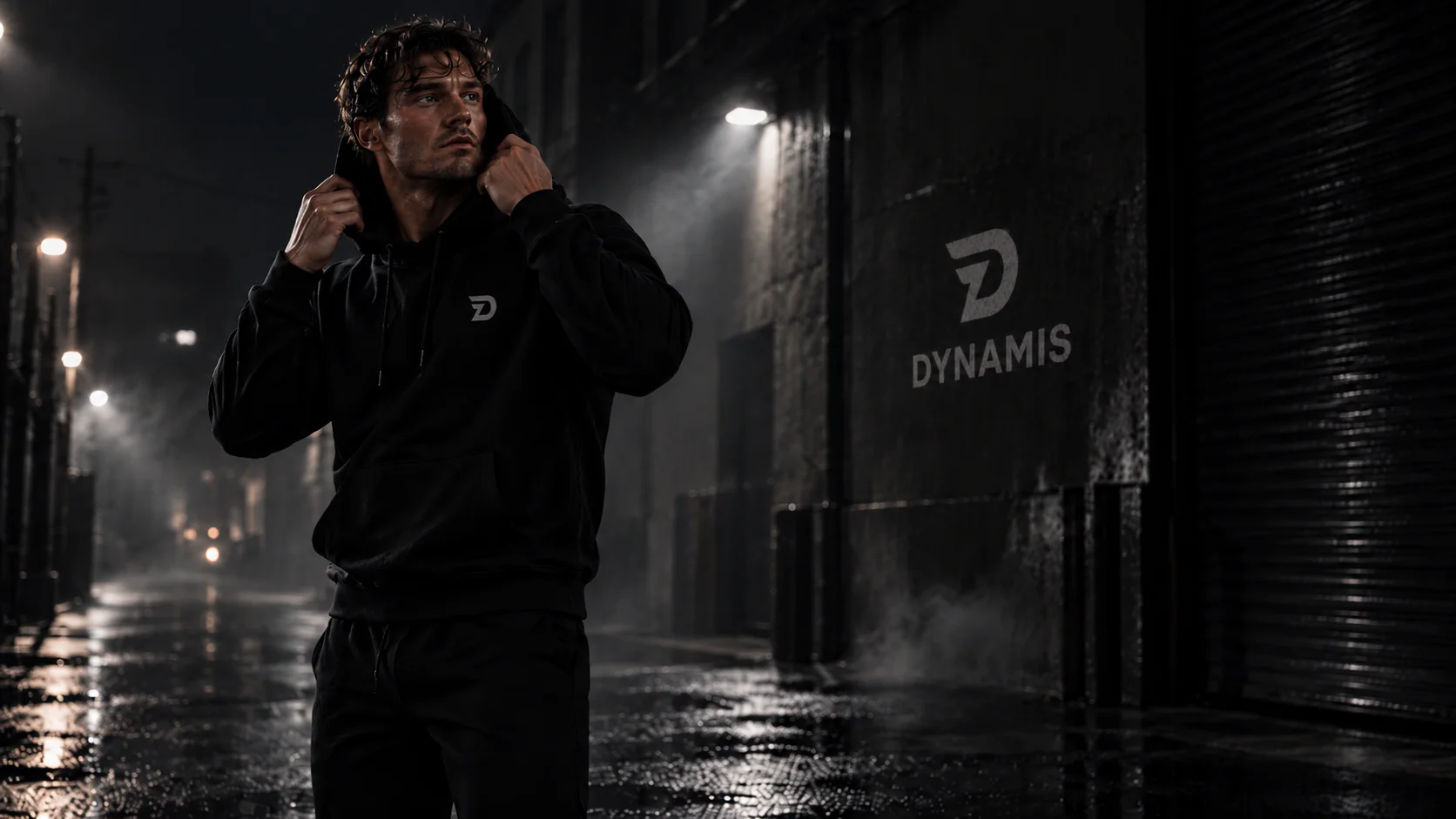 Athlete in a black Dynamis hoodie outside the gym